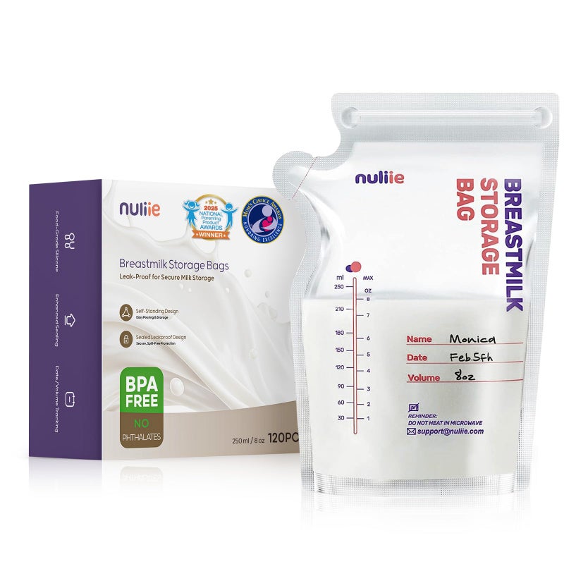 Nuliie 120 Pcs Breastmilk Storage Bags, 8 OZ Breast Milk Storing Bags, BPA-Free, Milk Storage Bags with Pour Spout for Breastfeeding, Self-Standing Bag, Space Saving Flat Profile - Image 1